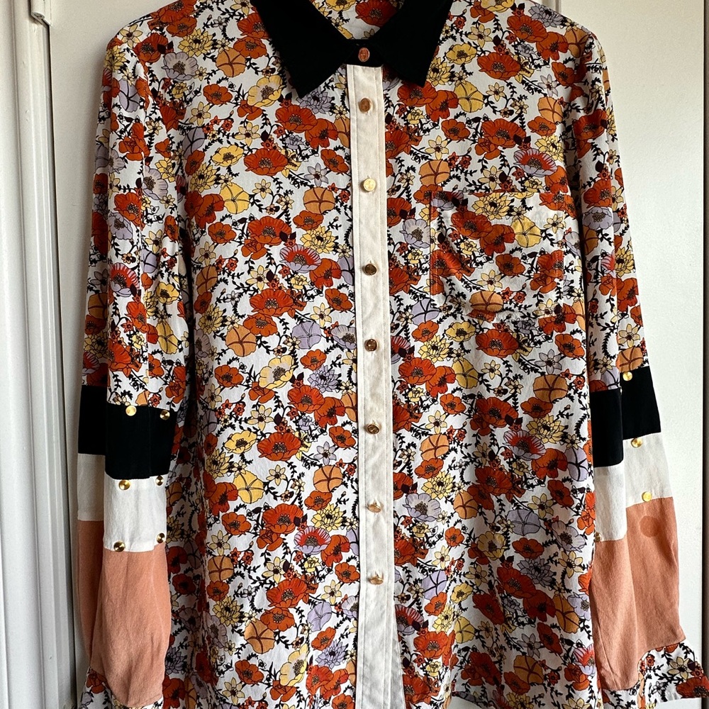 Tory Burch studded patchwork blossom silk button down